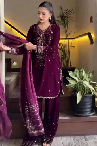 Wine silk blend embroidered palazzo set