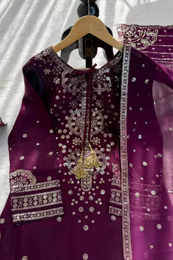 Wine silk blend embroidered palazzo set
