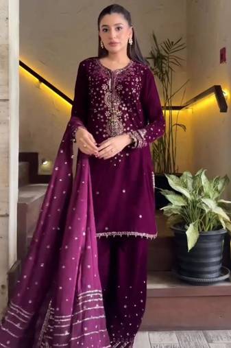 Wine silk blend embroidered palazzo set