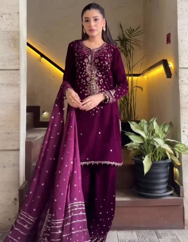 Wine silk blend embroidered palazzo set