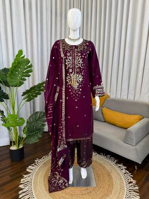 Wine silk blend embroidered palazzo set 4