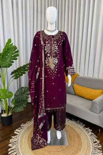 Wine silk blend embroidered palazzo set