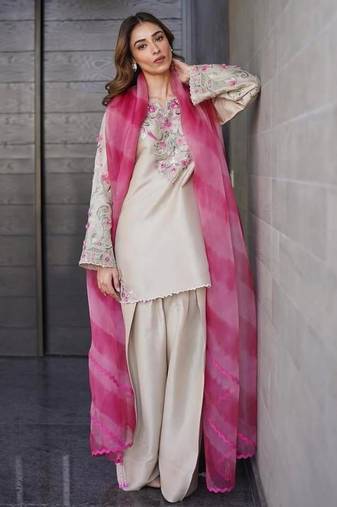 Beige crepe embroidered FARSHI SALWAR set