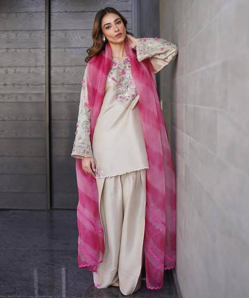 Beige crepe embroidered FARSHI SALWAR set