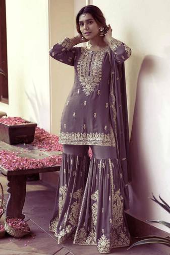 Lavender silk blend embroidered palazzo set