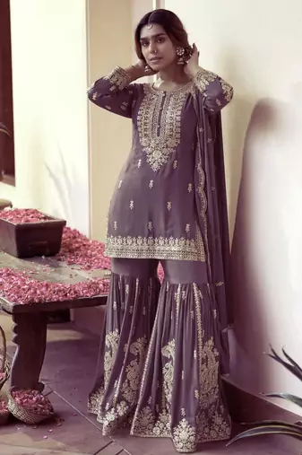 Lavender silk blend embroidered palazzo set
