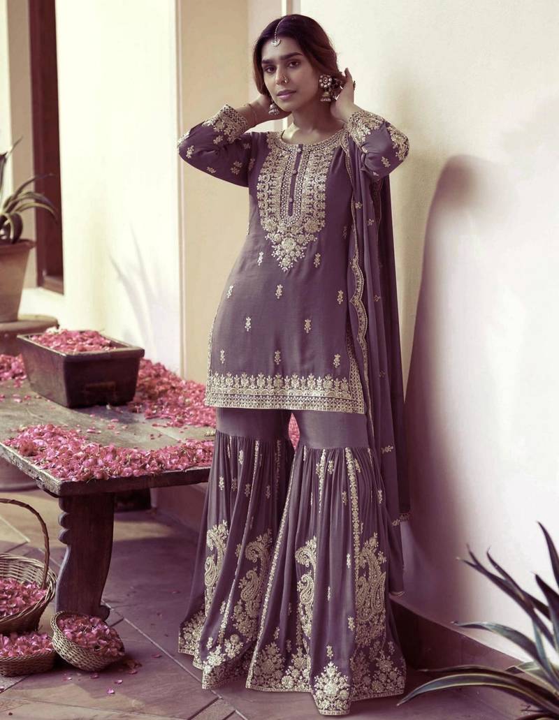 Lavender silk blend embroidered palazzo set