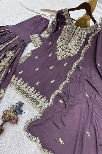 Lavender silk blend embroidered palazzo set
