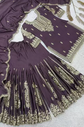 Lavender silk blend embroidered palazzo set