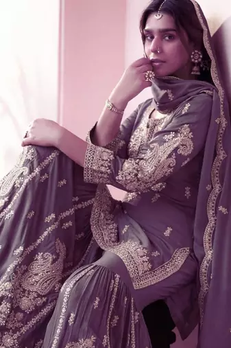 Lavender silk blend embroidered palazzo set