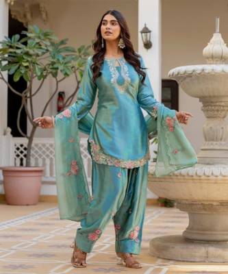 Sky blue satin embroidered FARSHI SALWAR set 2