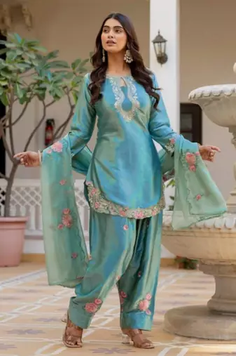 Sky blue satin embroidered FARSHI SALWAR set