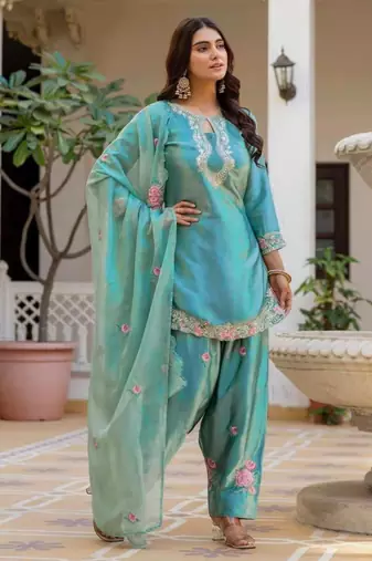 Sky blue satin embroidered FARSHI SALWAR set