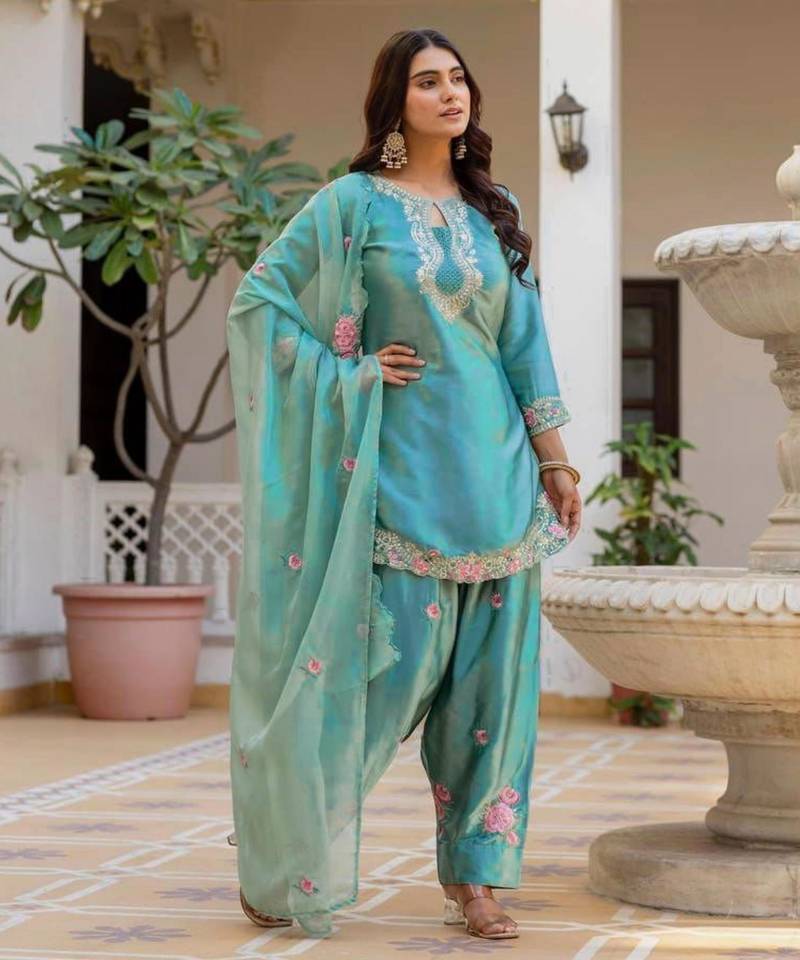Sky blue satin embroidered FARSHI SALWAR set