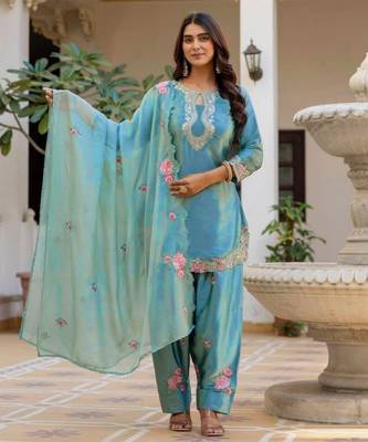 Sky blue satin embroidered FARSHI SALWAR set 3