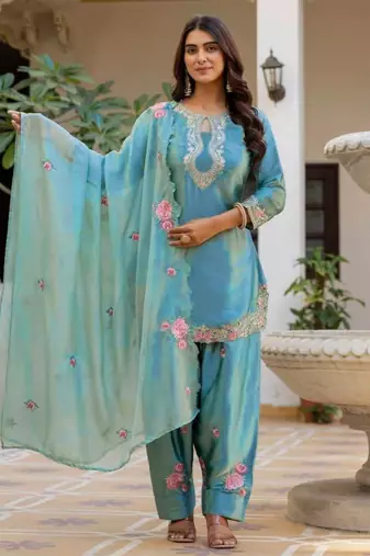Sky blue satin embroidered FARSHI SALWAR set