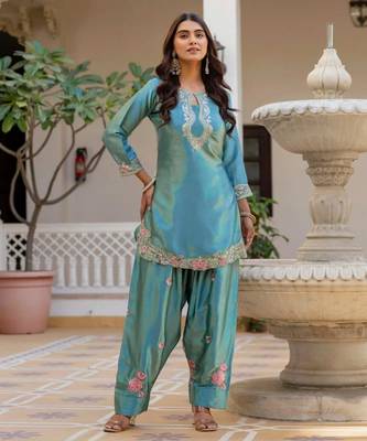 Sky blue satin embroidered FARSHI SALWAR set 4