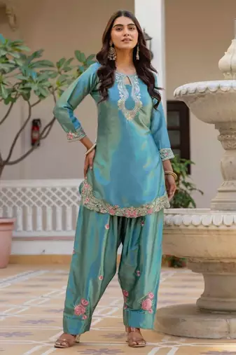 Sky blue satin embroidered FARSHI SALWAR set