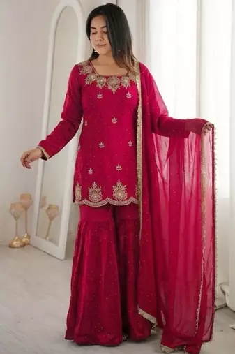Pink silk blend embroidered palazzo set