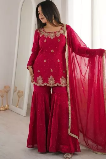 Pink silk blend embroidered palazzo set