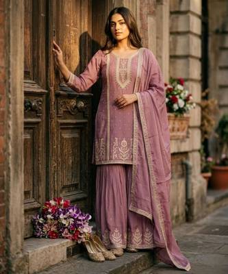 Lavender silk blend embroidered palazzo set 1