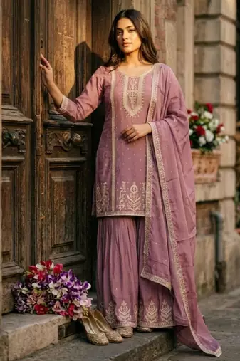 Lavender silk blend embroidered palazzo set