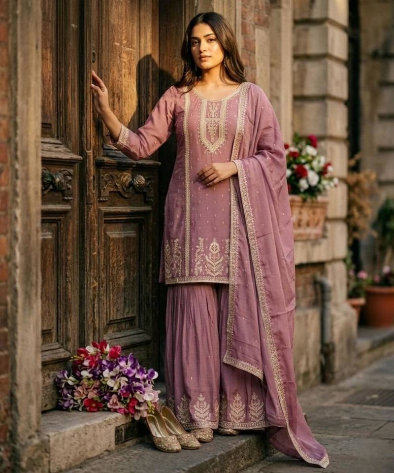 Lavender silk blend embroidered palazzo set