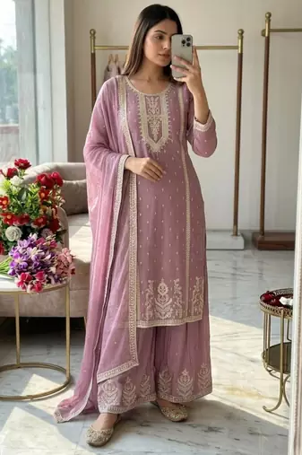 Lavender silk blend embroidered palazzo set