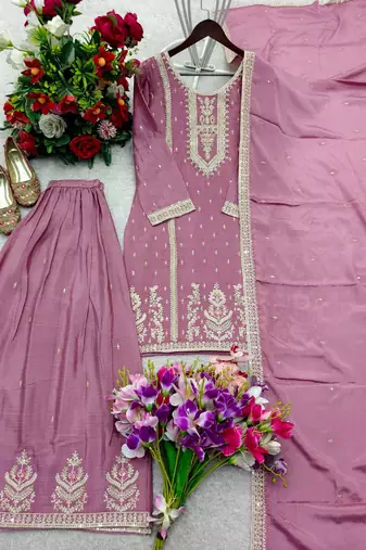 Lavender silk blend embroidered palazzo set