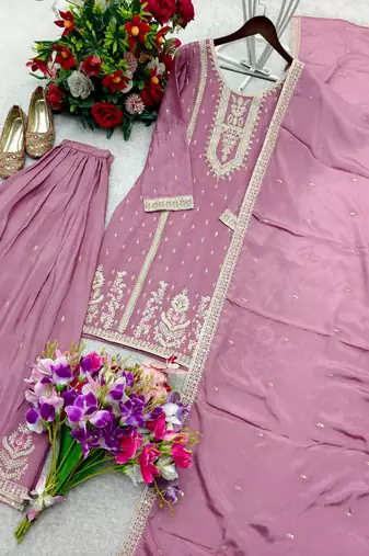 Lavender silk blend embroidered palazzo set