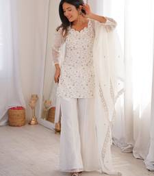 White silk blend embroidered palazzo set