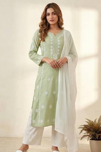 Light green rayon embroidered KURTA set
