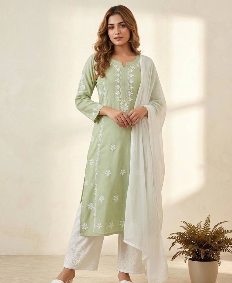 Light green rayon embroidered KURTA set