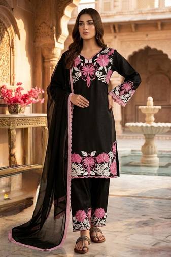 Black silk blend embroidered FARSHI SALWAR set