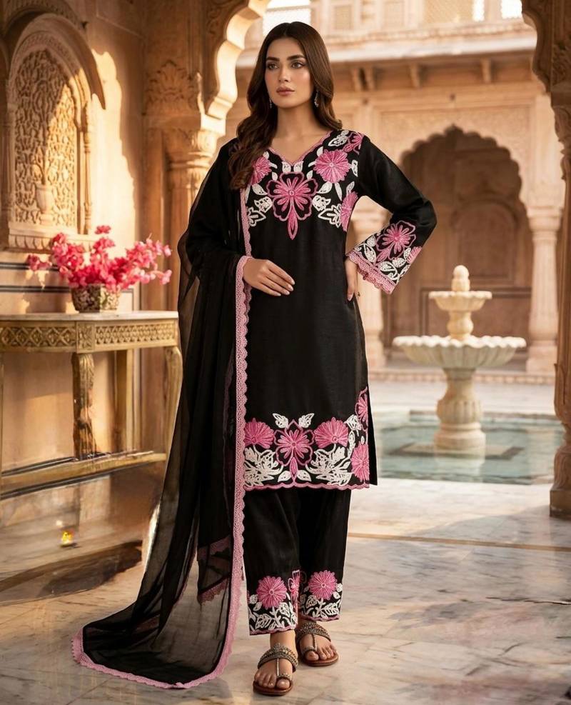 Black silk blend embroidered FARSHI SALWAR set