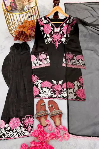 Black silk blend embroidered FARSHI SALWAR set