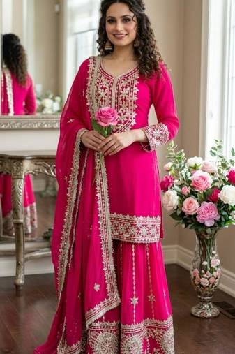 Pink georgette embroidered palazzo set
