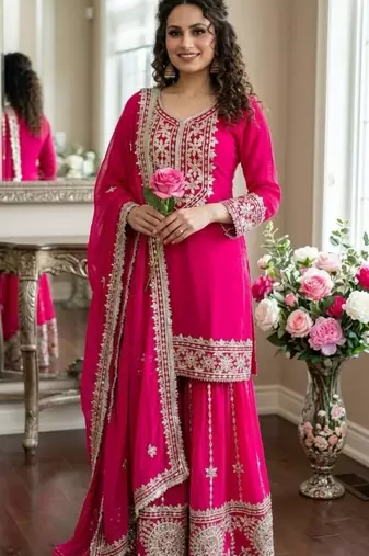 Pink georgette embroidered palazzo set