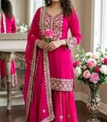 Pink georgette embroidered palazzo set