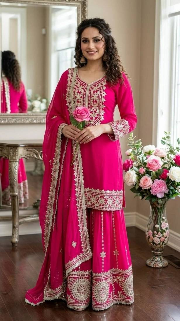 Pink georgette embroidered palazzo set
