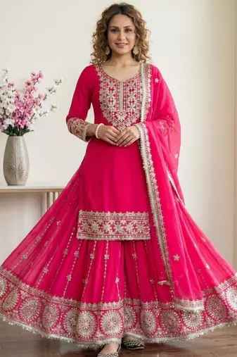 Pink georgette embroidered palazzo set
