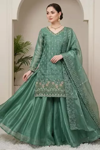 Green silk blend embroidered palazzo set