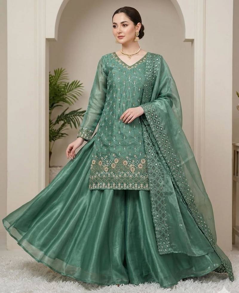 Green silk blend embroidered palazzo set