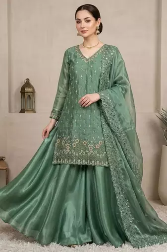 Green silk blend embroidered palazzo set