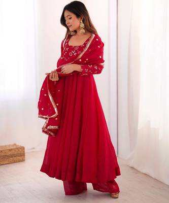 Red silk blend embroidered anarkali suit 2