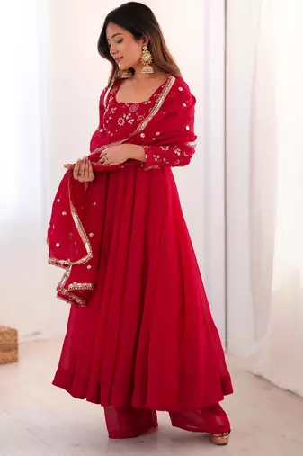 Red silk blend embroidered anarkali suit