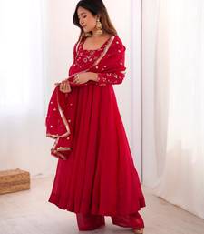 Red silk blend embroidered anarkali suit