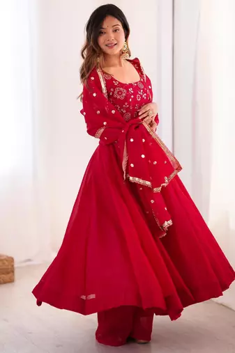 Red silk blend embroidered anarkali suit
