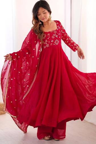 Red silk blend embroidered anarkali suit