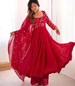 Red silk blend embroidered anarkali suit